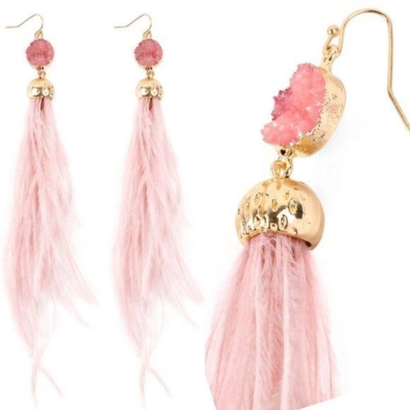 Jewelry - PINK DRUZY STONE WITH DANGLING OSTRICH FEATHER